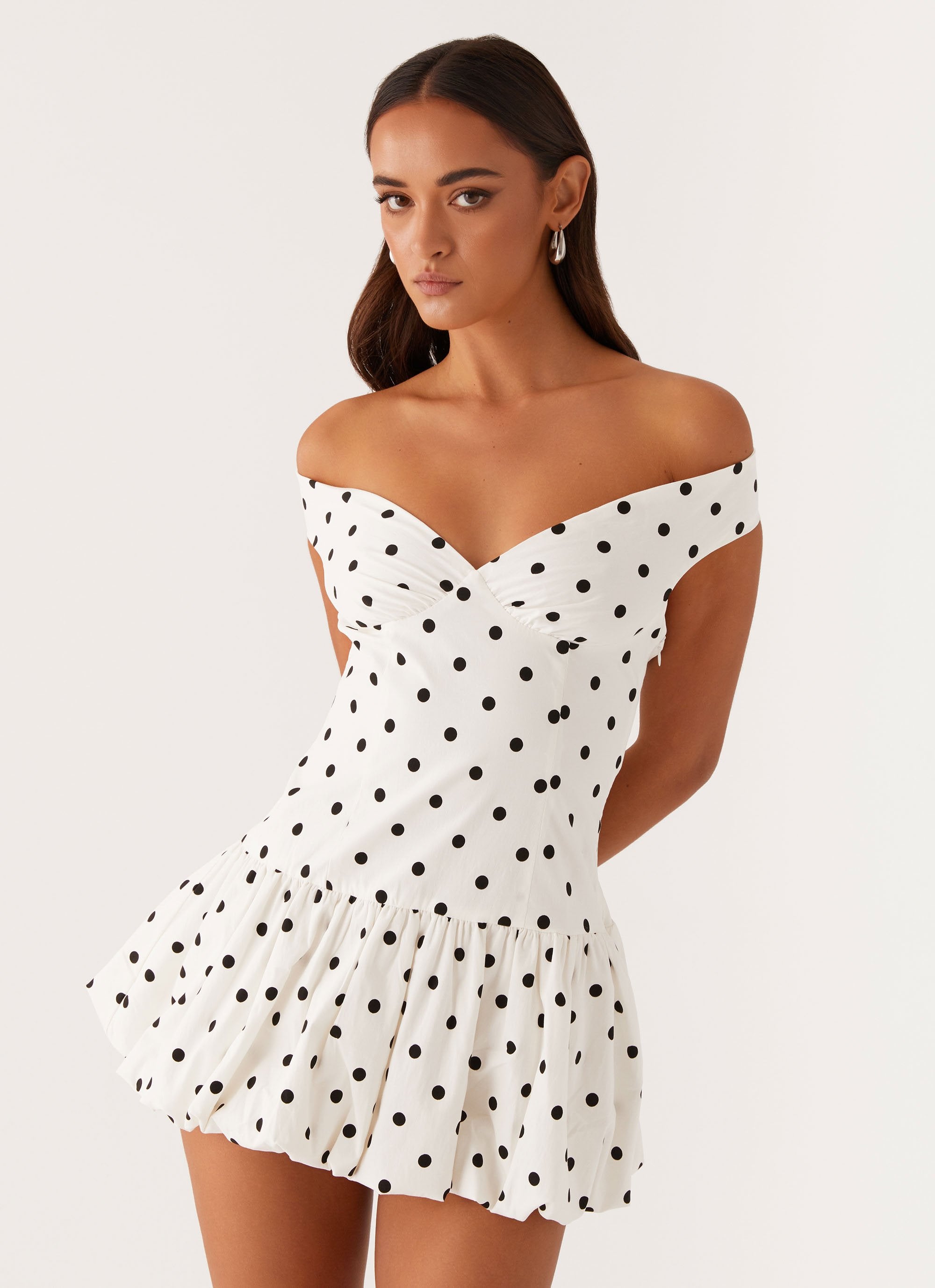 White polka dot off the shoulder dress sales