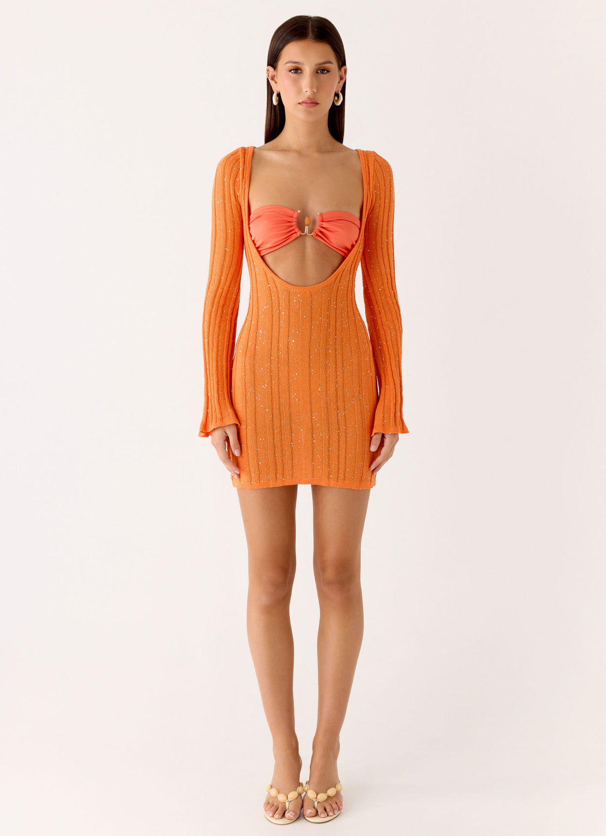 knit orange dress Abriana Vertical Striped Midi Style with high heel sandals and shades for a compliment Palani Light Orange Jersey Knit
