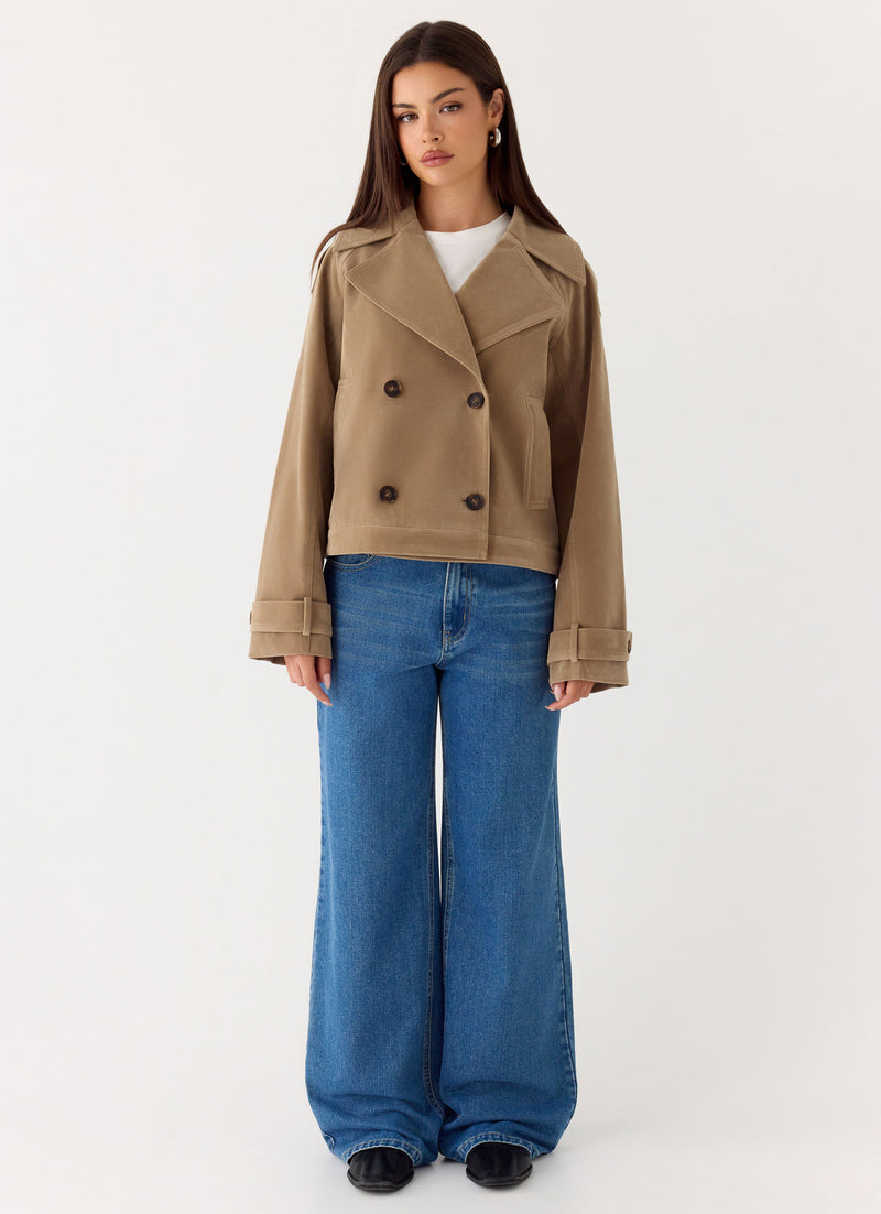 Evan Faux Suede Short Trench Jacket - Tan