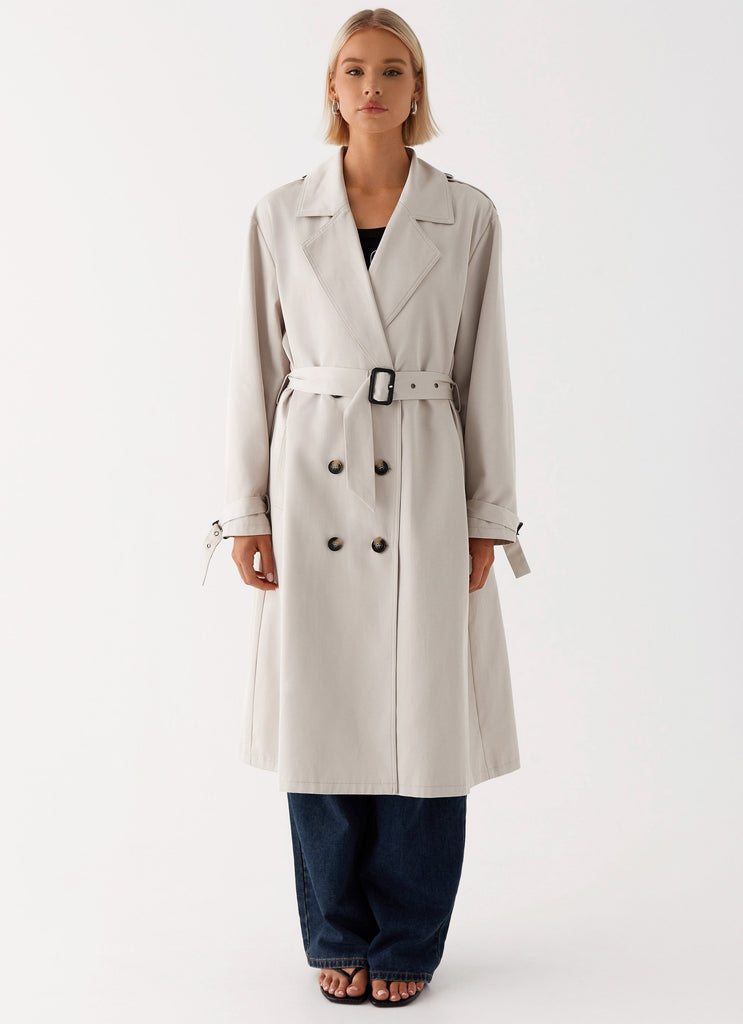 Womens Frenchy Oversized Trench Coat in the colour Stone in front of a light grey background