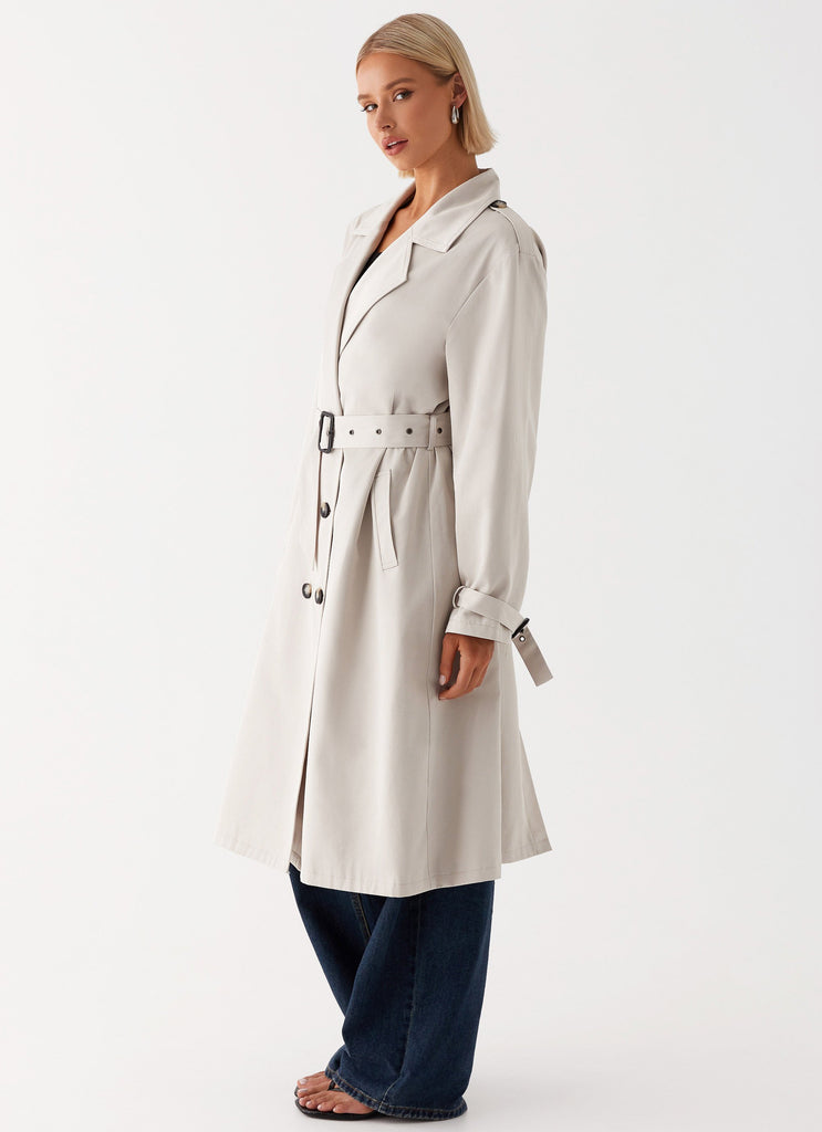 Womens Frenchy Oversized Trench Coat in the colour Stone in front of a light grey background