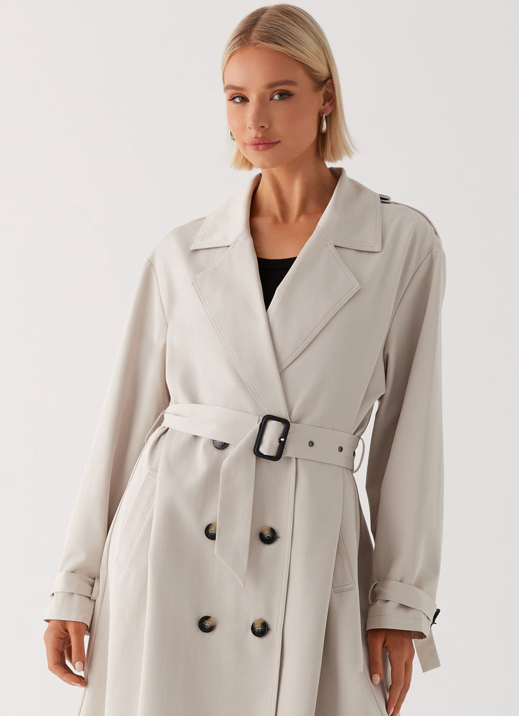 Womens Frenchy Oversized Trench Coat in the colour Stone in front of a light grey background