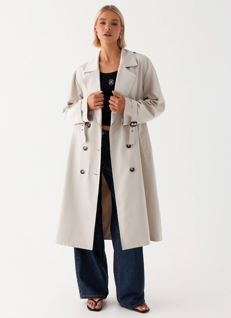 Womens Frenchy Oversized Trench Coat in the colour Stone in front of a light grey background