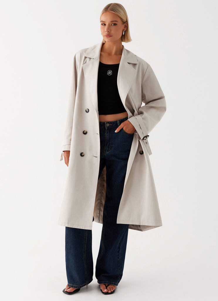 Womens Frenchy Oversized Trench Coat in the colour Stone in front of a light grey background