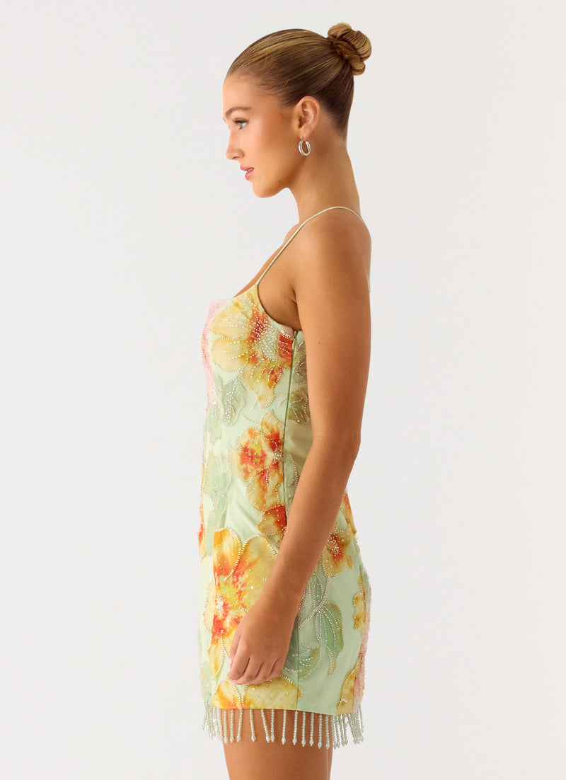 Gatiana Beaded Sequin Mini Dress - Green Floral Beaded