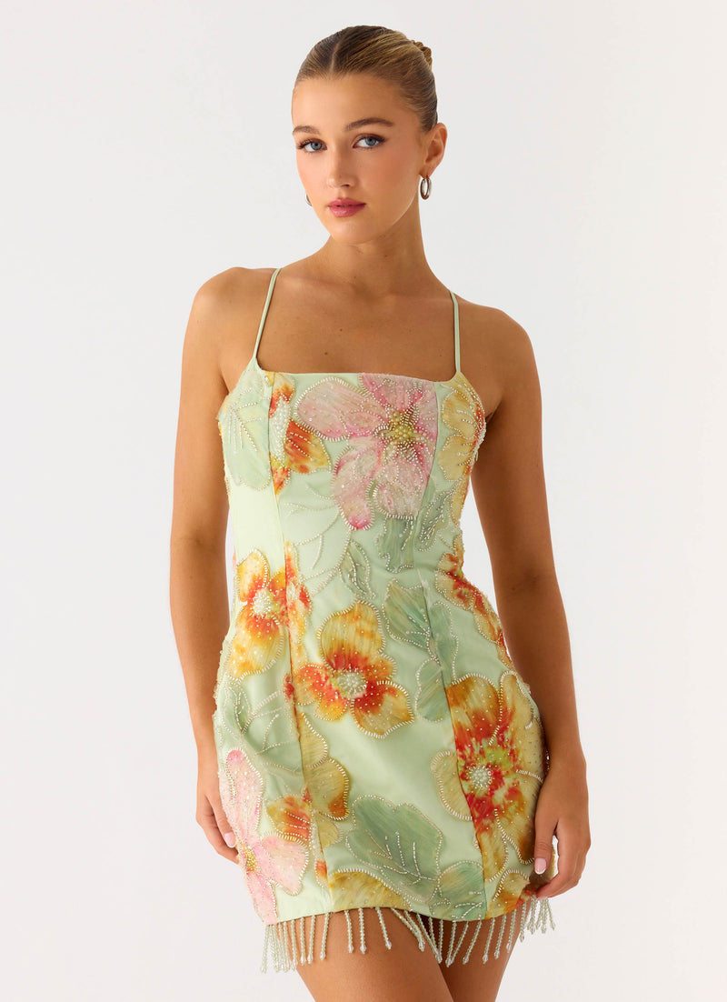 Gatiana Beaded Sequin Mini Dress - Green Floral Beaded