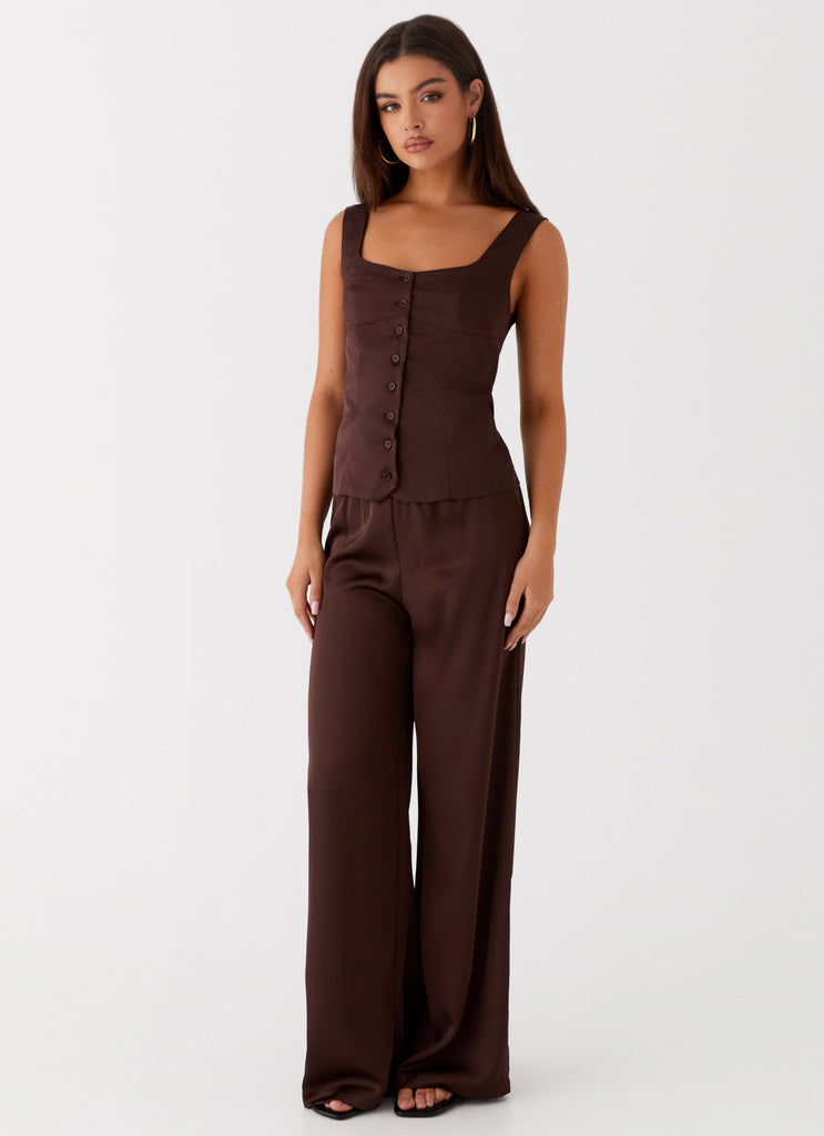 Womens Golden Skies Bustier Panel Top in the colour Chocolate in front of a light grey background