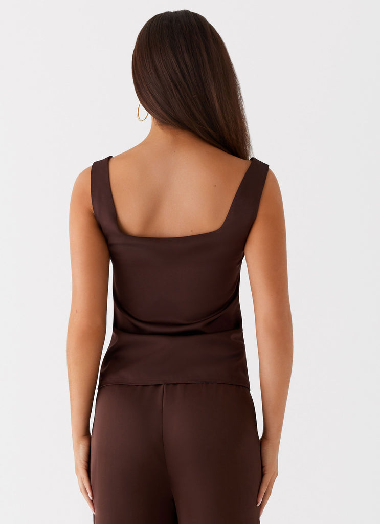 Womens Golden Skies Bustier Panel Top in the colour Chocolate in front of a light grey background