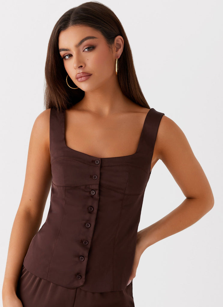 Womens Golden Skies Bustier Panel Top in the colour Chocolate in front of a light grey background