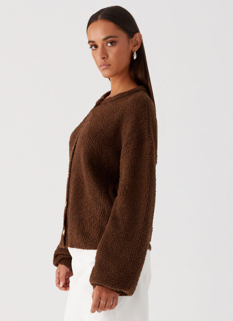 Womens Gracie Oversized Knit Cardigan in the colour Brown in front of a light grey background