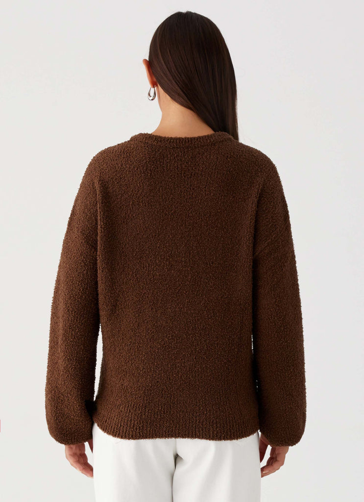 Womens Gracie Oversized Knit Cardigan in the colour Brown in front of a light grey background