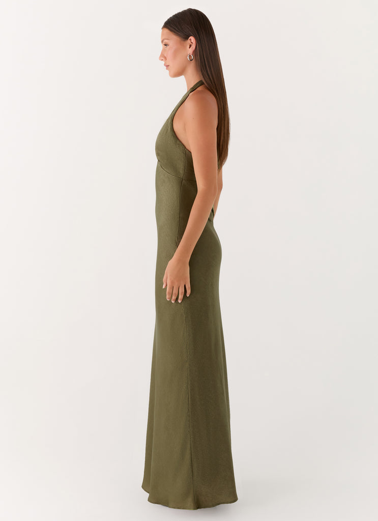 Heavy Hearted Satin Maxi Dress - Khaki