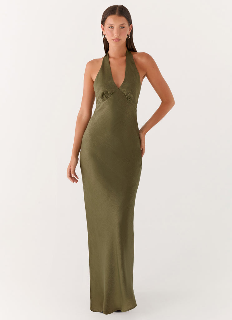 Heavy Hearted Satin Maxi Dress - Khaki
