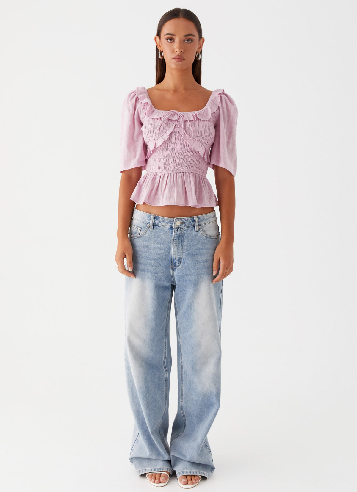 Womens Hidden Gem Shirring Top in the colour Purple in front of a light grey background