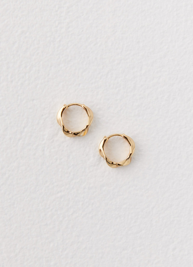 Womens Jacquie Hoop Earrings in the colour Gold in front of a light grey background