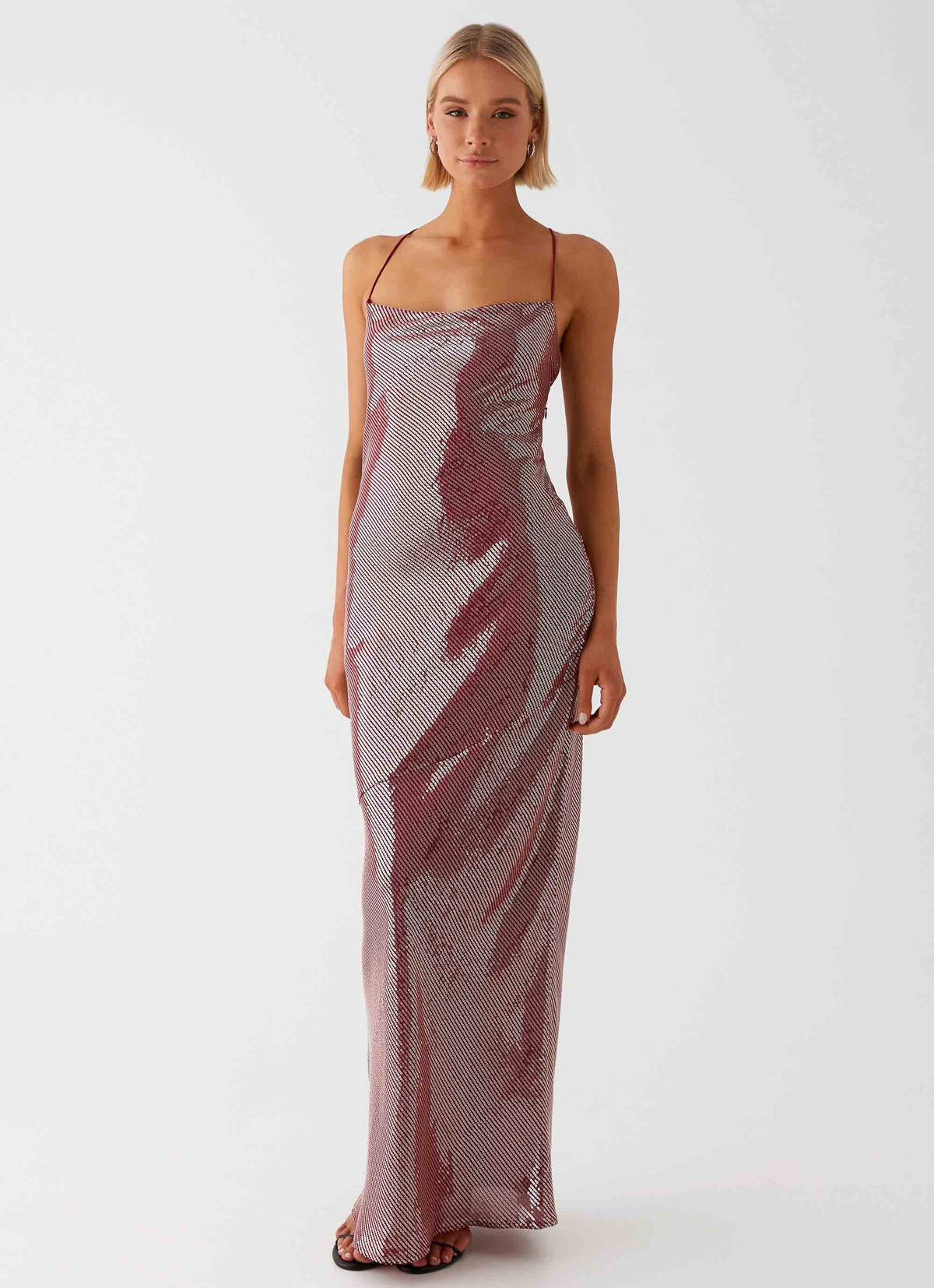 Womens Jada Sequin Maxi Dress in the colour Red in front of a light grey background