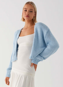 Womens Jasleen Knit Cardigan in the colour Blue in front of a light grey background