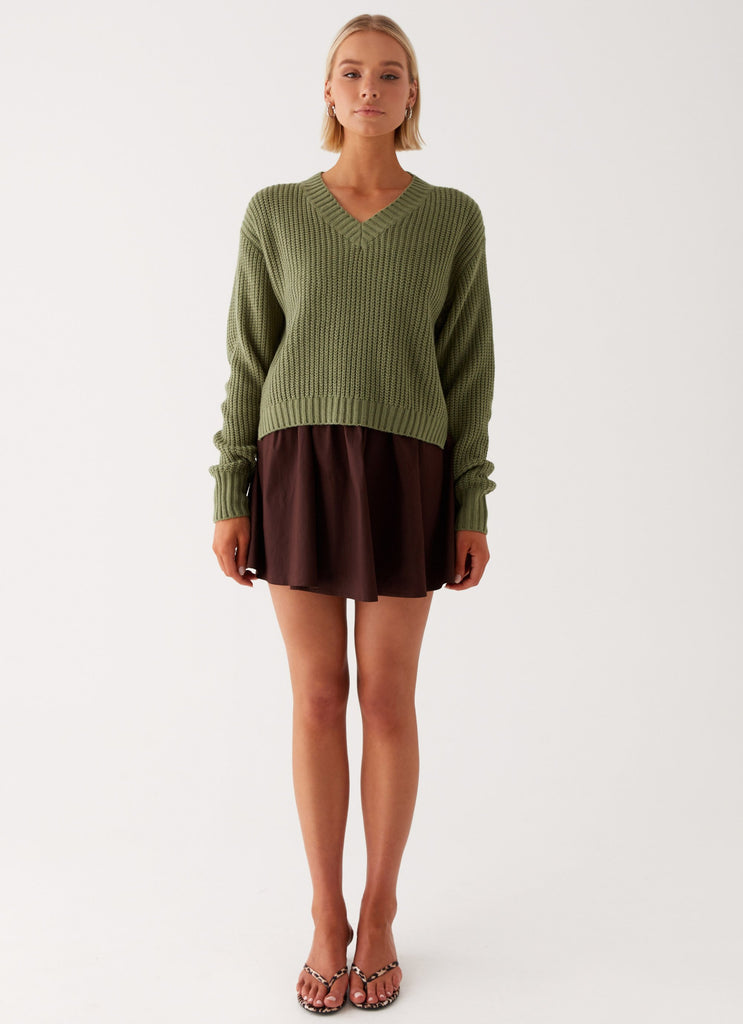 Womens Jenson Sweater in the colour Khaki in front of a light grey background