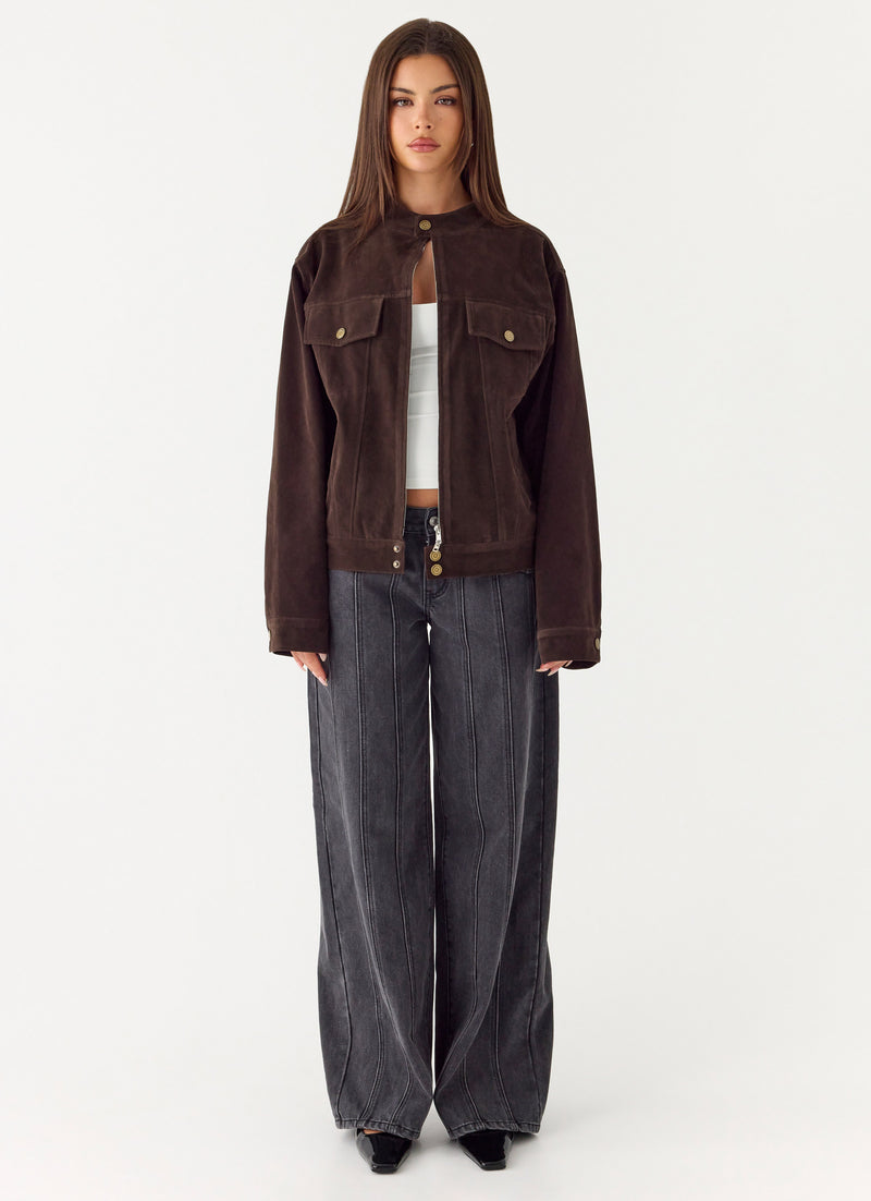 Jeremy Faux Suede Biker Jacket - Dark Chocolate