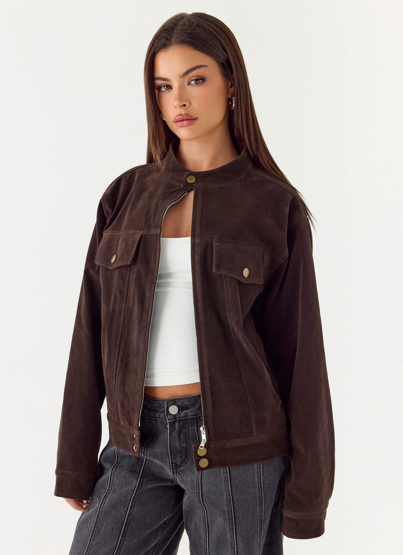 Jeremy Faux Suede Biker Jacket - Dark Chocolate