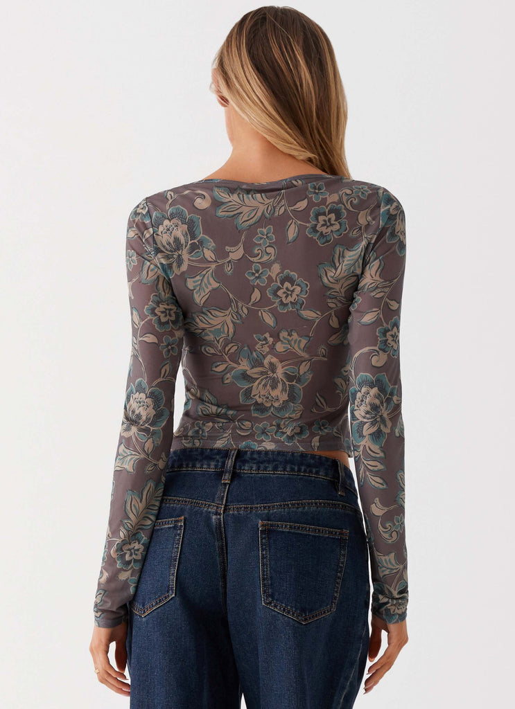 Womens Jess Long Sleeve Mesh Top in the colour Brown Floral in front of a light grey background