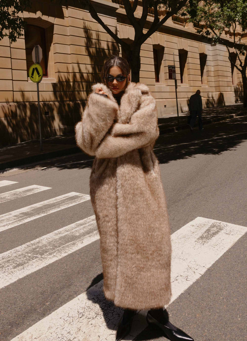 Kamil Faux Fur Maxi Coat - Tan Beige