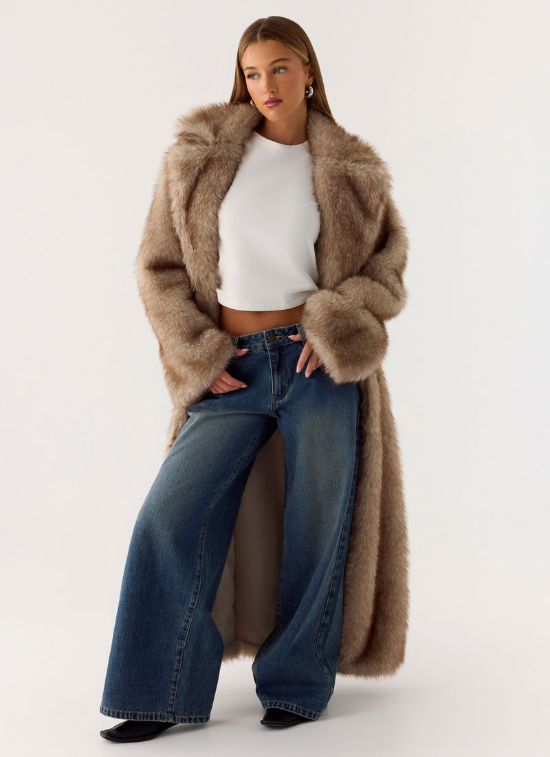 Kamil Faux Fur Maxi Coat - Tan Beige