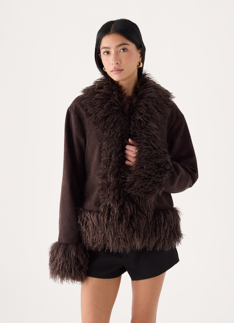 Kamsy Fur Trim Coat - Chocolate