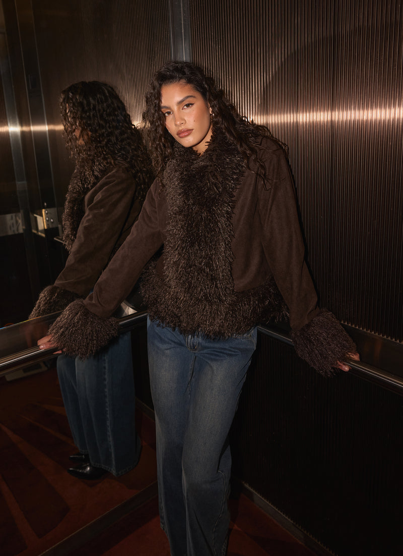 Kamsy Fur Trim Coat - Chocolate
