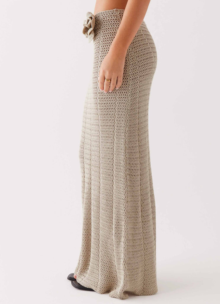 Womens Kelcie Rose Crochet Maxi Skirt in the colour Sage in front of a light grey background