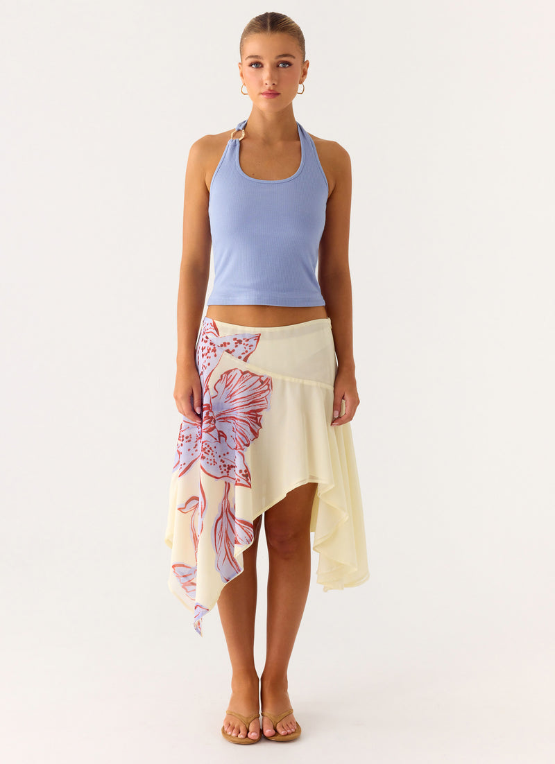 Kia Low Rise Asymmetrical Midi Skirt - Purple Floral