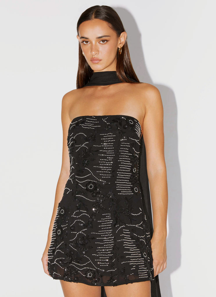 strapless black dress with scarf Mayah Scarf Tie Strapless Mini Dress Black