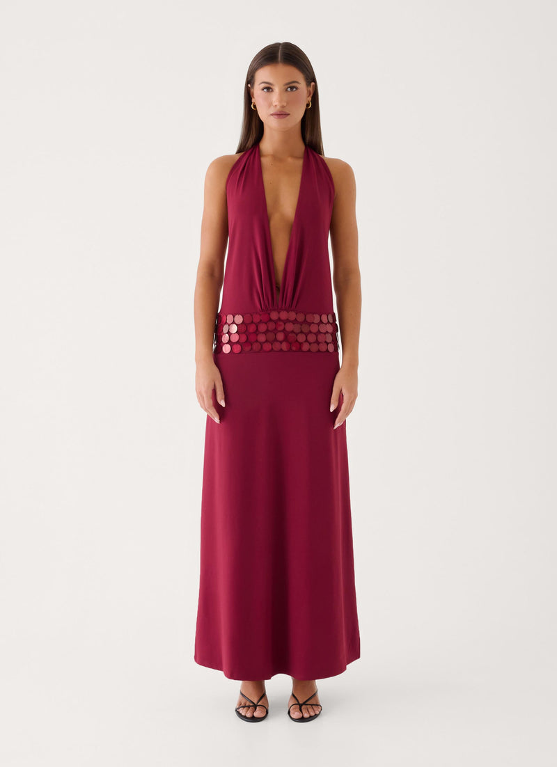 Kolisa Beaded Halter Maxi Dress - Burgundy