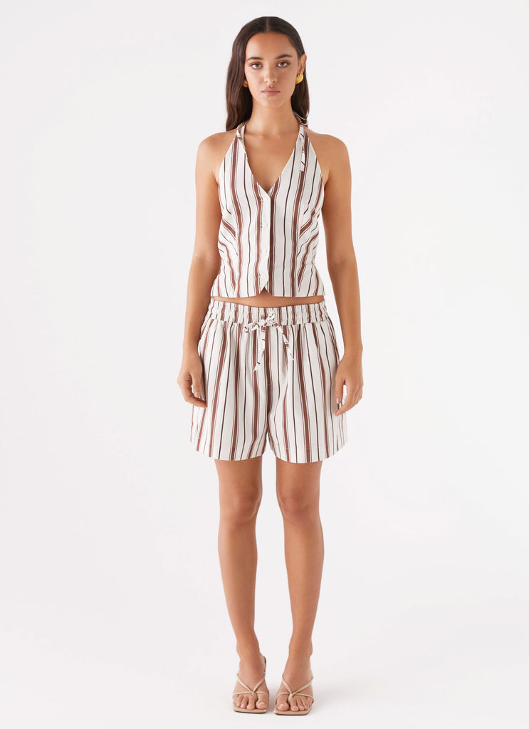 Womens Kristen Linen Drawstring Shorts in the colour Brown Stripe in front of a light grey background