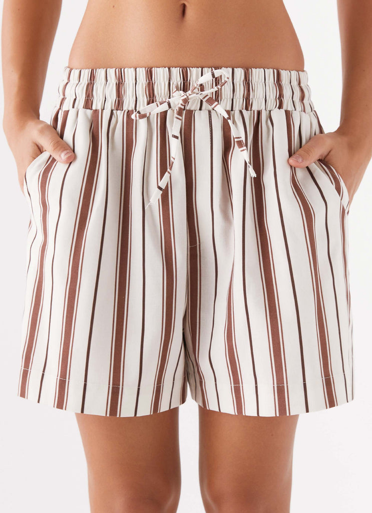 Womens Kristen Linen Drawstring Shorts in the colour Brown Stripe in front of a light grey background
