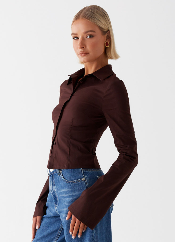 Womens Leah Fitted Button Up Shirt in the colour Chocolate in front of a light grey background