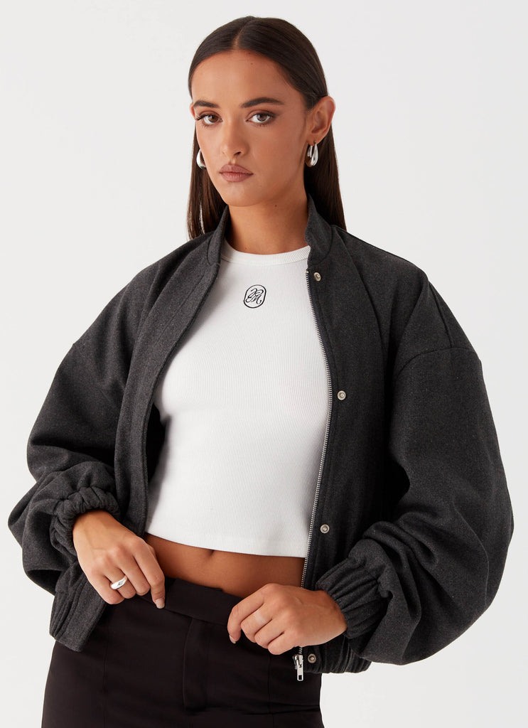 Womens Lorelei Oversized Bomber Jacket in the colour Charcoal in front of a light grey background