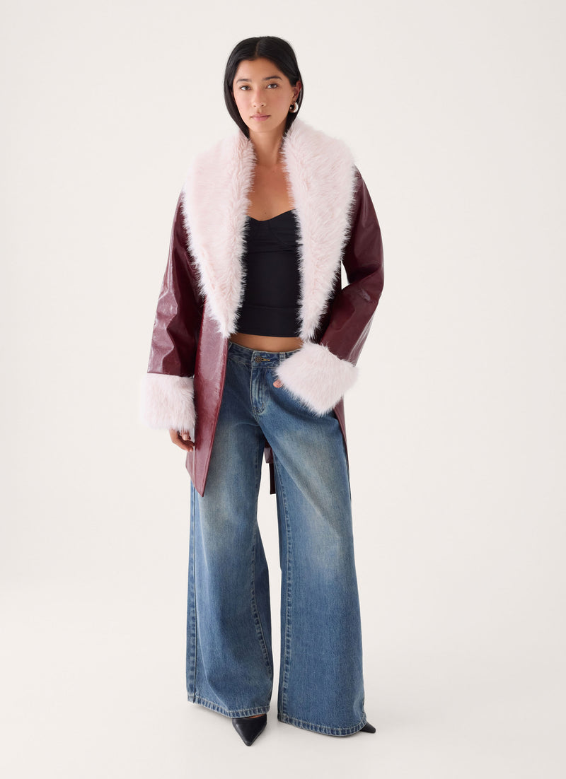 Love Child Faux Leather Wrap Coat - Burgundy