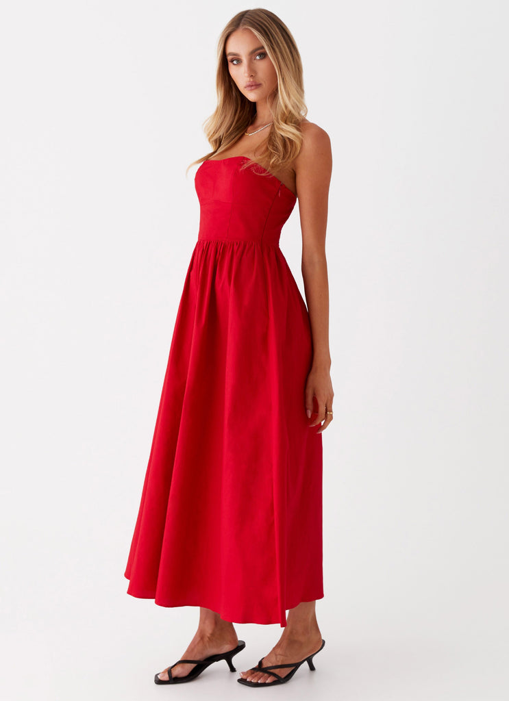 Womens Love Me Later Midi Dress in the colour Red in front of a light grey background