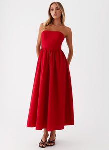 Womens Love Me Later Midi Dress in the colour Red in front of a light grey background