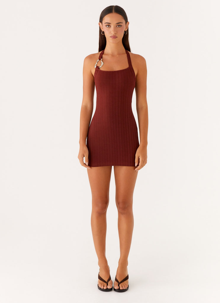 Magda Ribbed Mini Dress - Brown