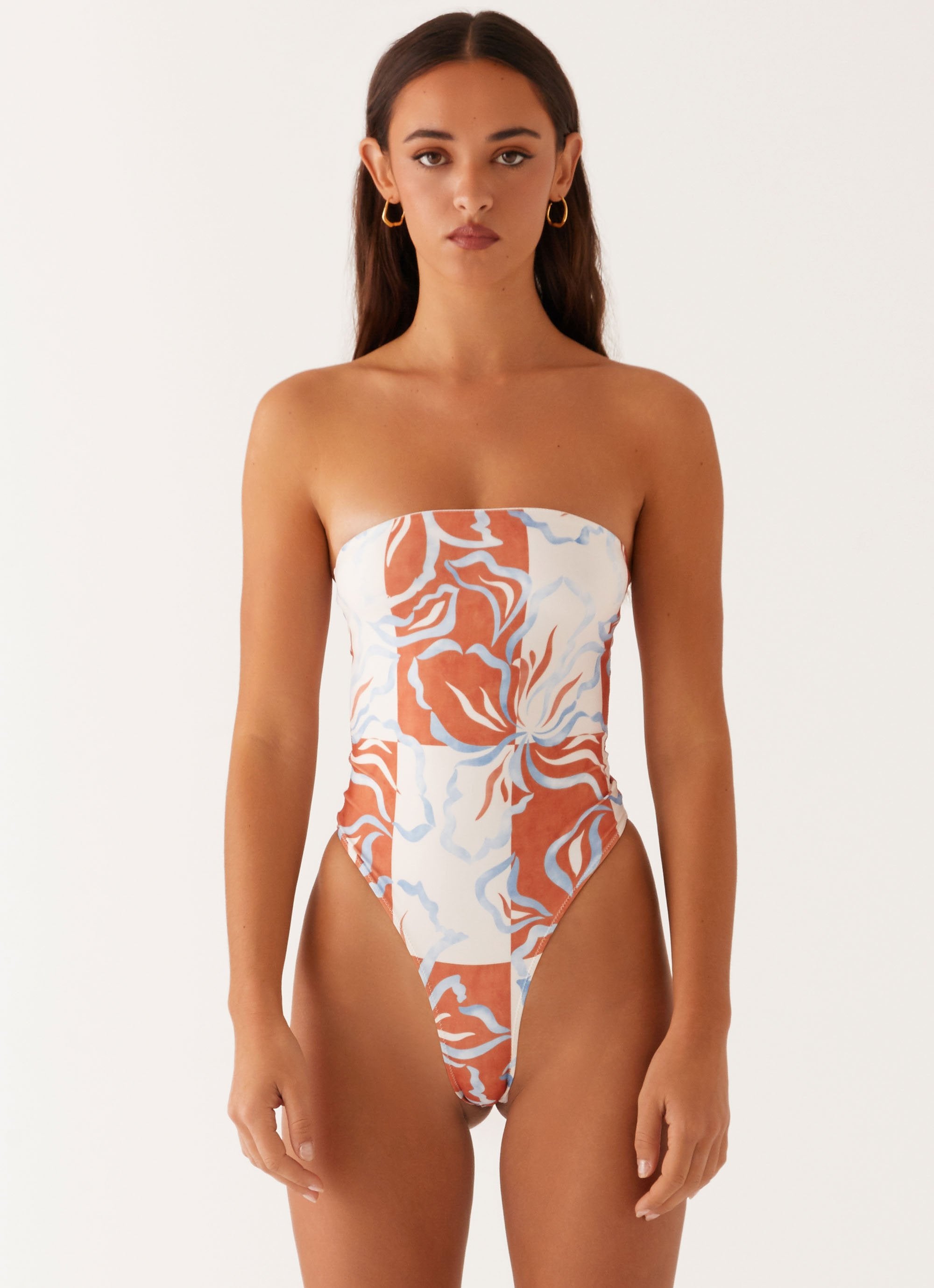 Maxine Strapless One Piece Swimsuit - Orange Blue Floral - Peppermayo