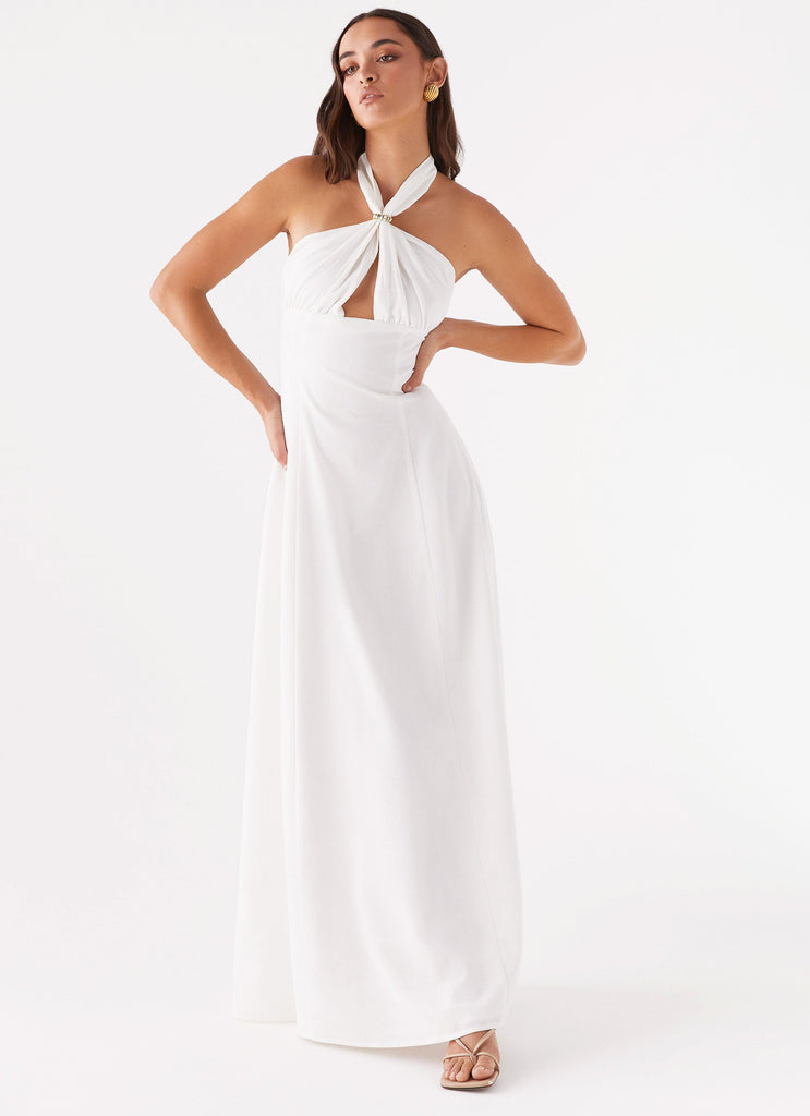 Womens Maison Linen Maxi Dress in the colour White in front of a light grey background