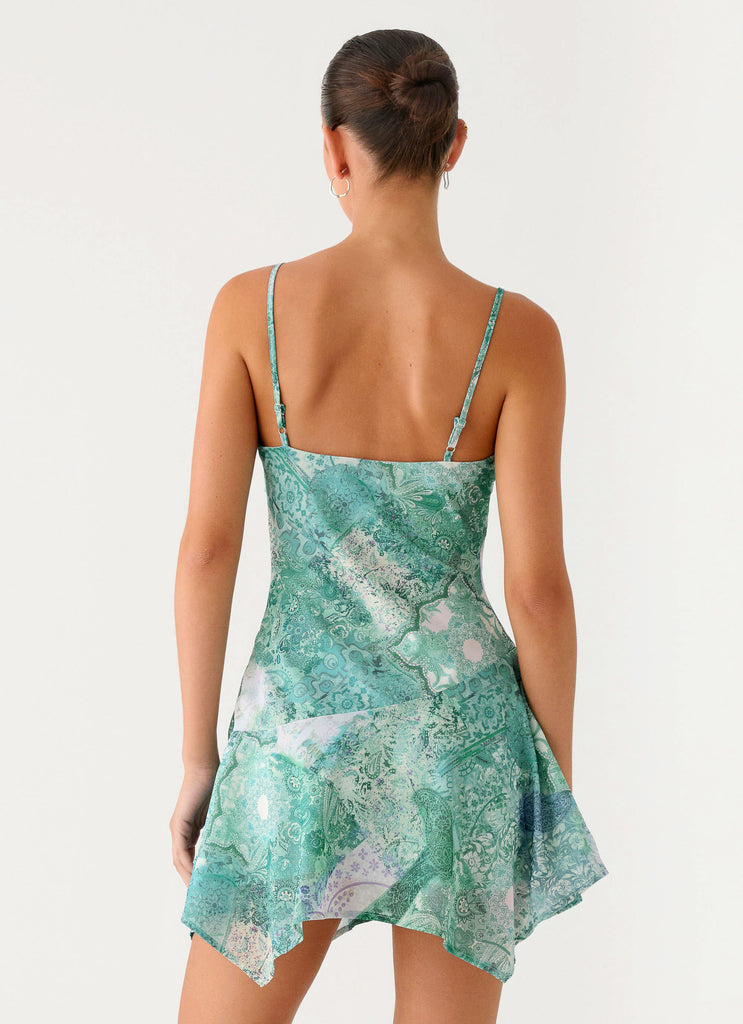 Marine Mist Asymmetric Hem Mini Dress - Green Paisley Peppermayo Marine Mist Asymmetric Hem Mini Dress - Green Paisley Peppermayo