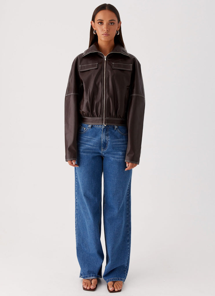 Womens Meant To Be PU Boxy Jacket in the colour Brown in front of a light grey background