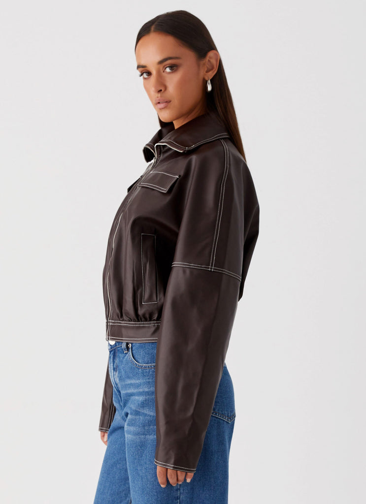 Womens Meant To Be PU Boxy Jacket in the colour Brown in front of a light grey background
