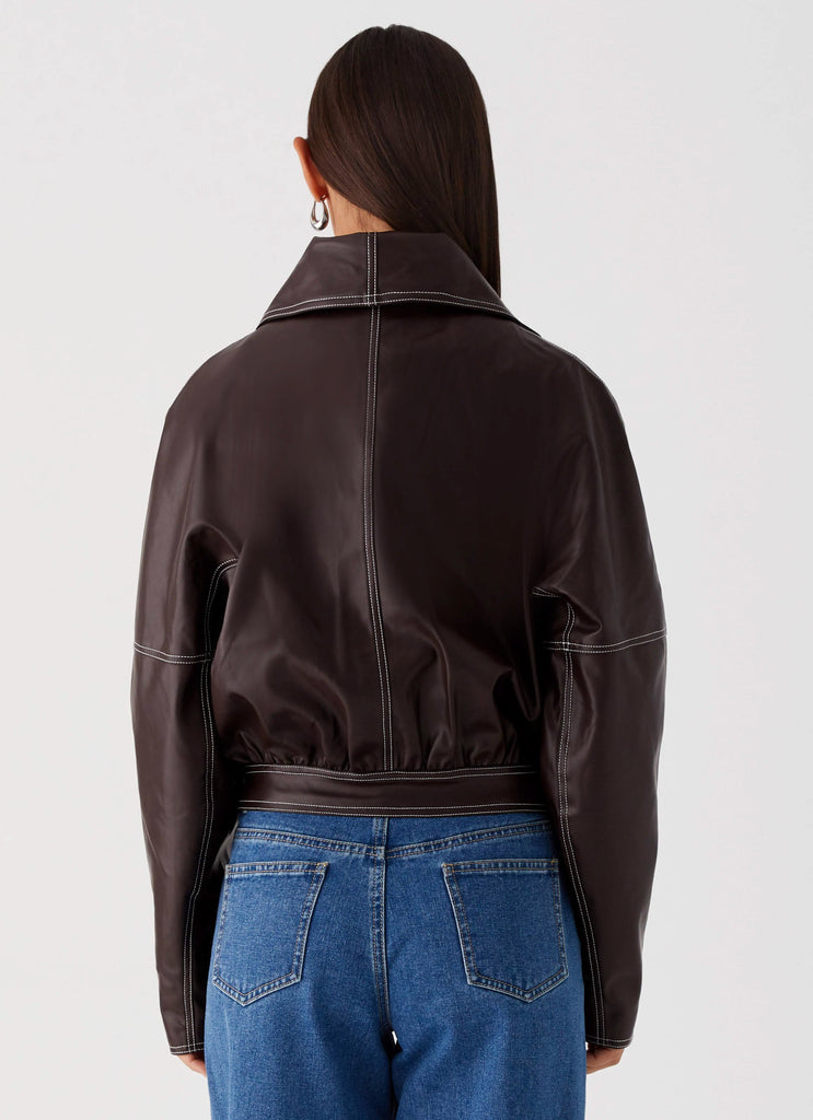 Womens Meant To Be PU Boxy Jacket in the colour Brown in front of a light grey background