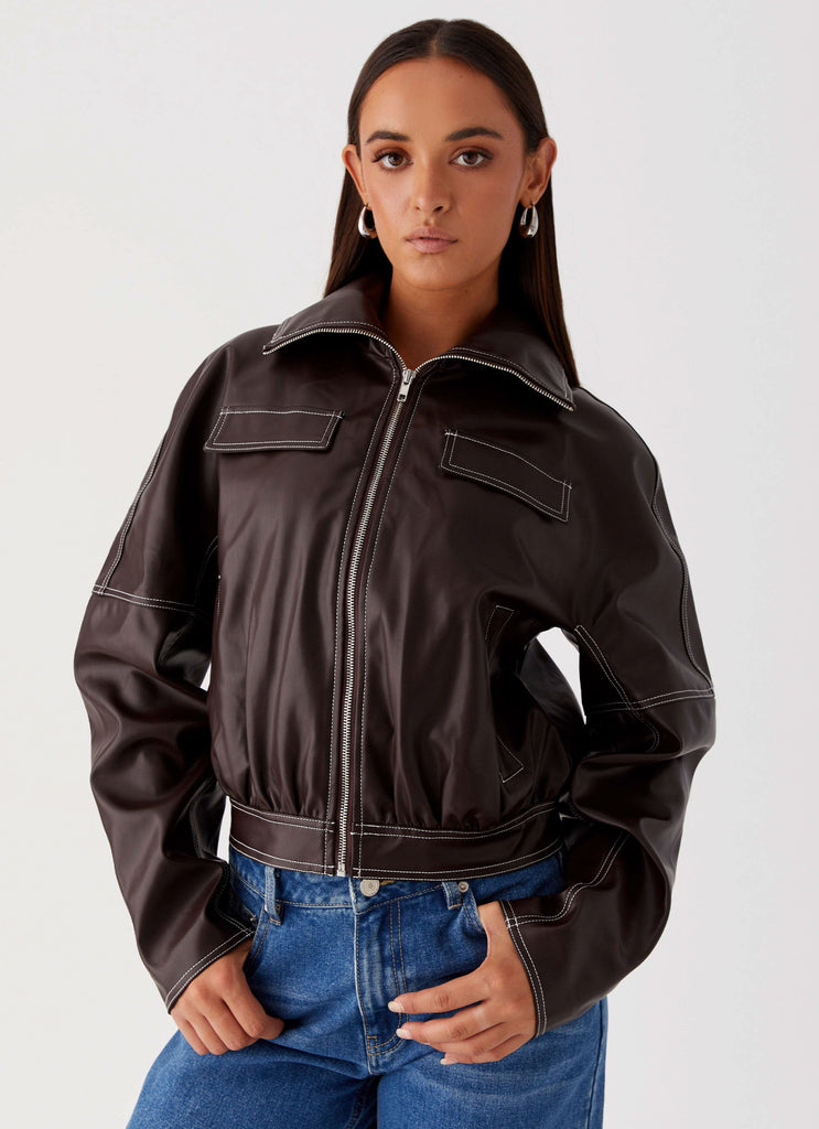Womens Meant To Be PU Boxy Jacket in the colour Brown in front of a light grey background