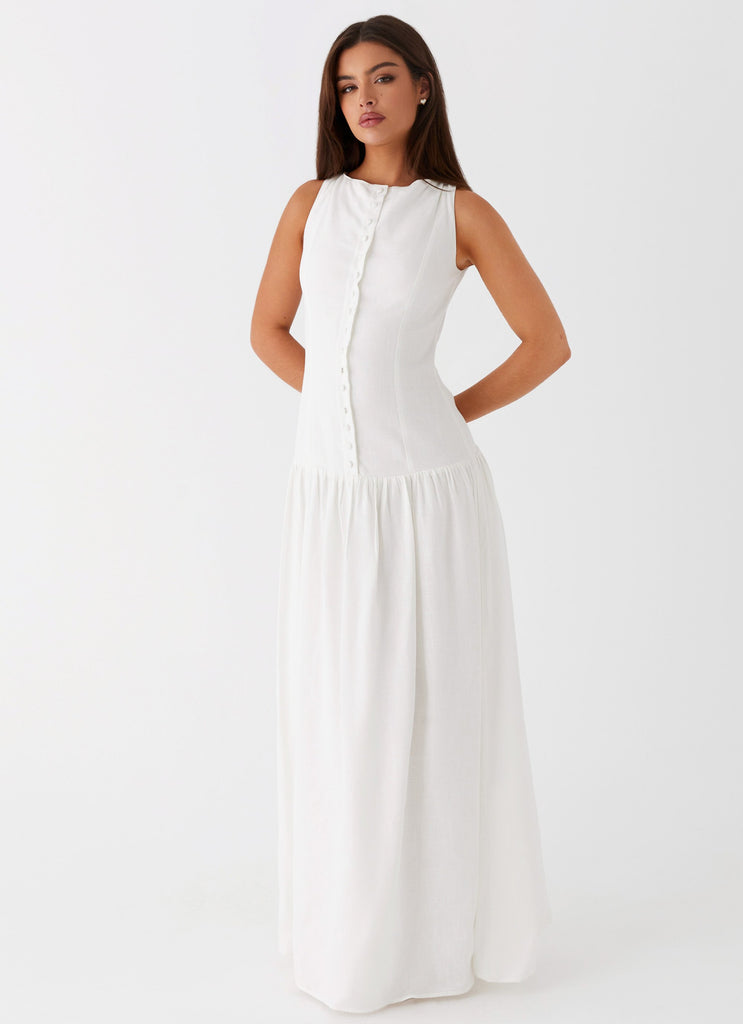 Womens Meggie Linen Maxi Dress in the colour White in front of a light grey background