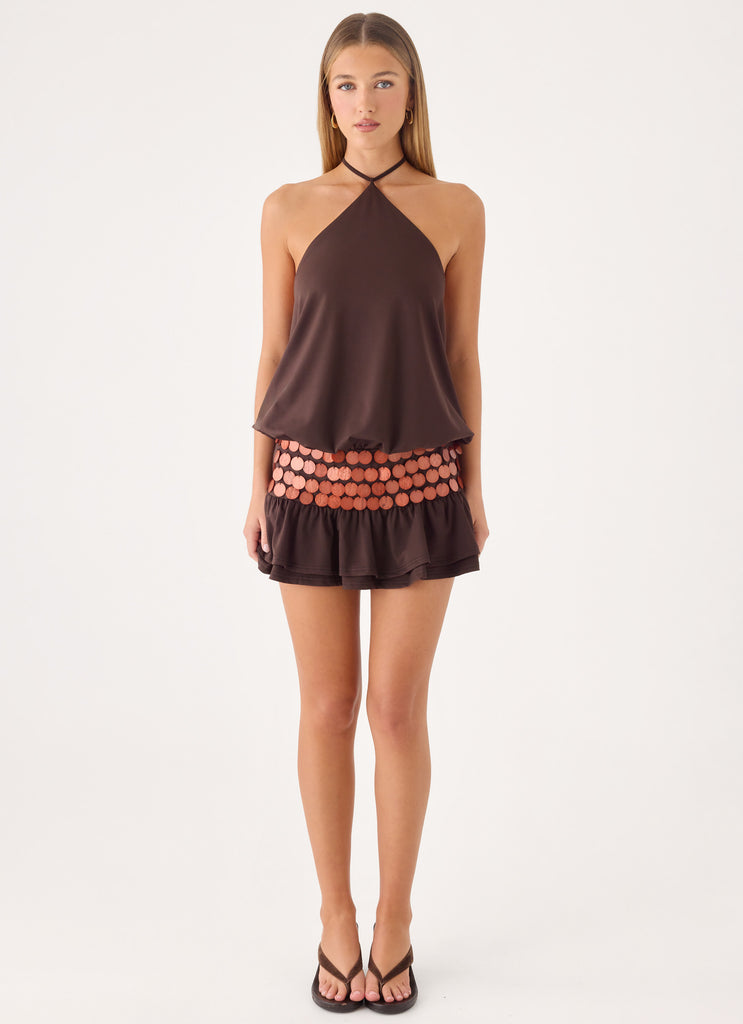 Melosa Beaded Halter Mini Dress - Chocolate